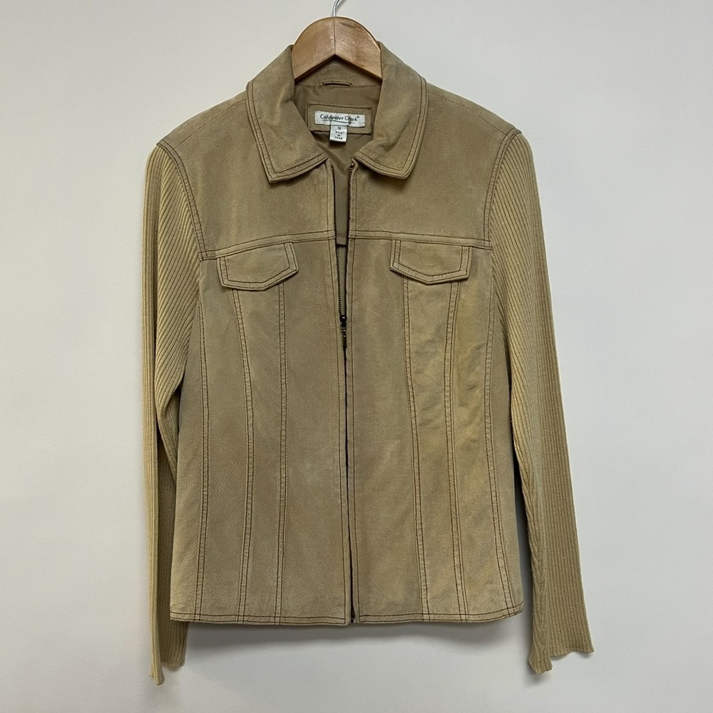 Cold water Creek Tan Genuine Suede Leather Jacket Ribbed Sleeves Beige US 12 - Picture 1 of 8